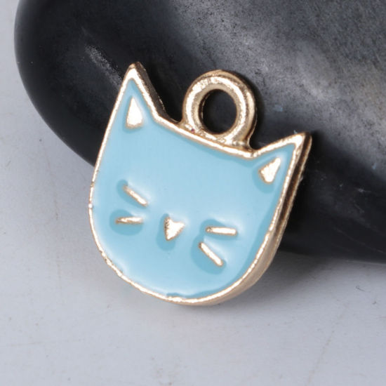 Bild von Zinklegierung Charms Katze Vergoldet Schwarz Emaille 14mm x 13mm, 10 Stück
