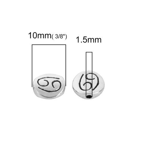Immagine di Lega di Zinco Separatori Perline Tondo Argento Antico Costellazione Cancro Scolpisce Circa 10mm Dia, Foro:Circa 1.5mm, 50 Pz