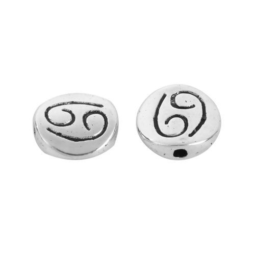 Immagine di Lega di Zinco Separatori Perline Tondo Argento Antico Costellazione Cancro Scolpisce Circa 10mm Dia, Foro:Circa 1.5mm, 50 Pz