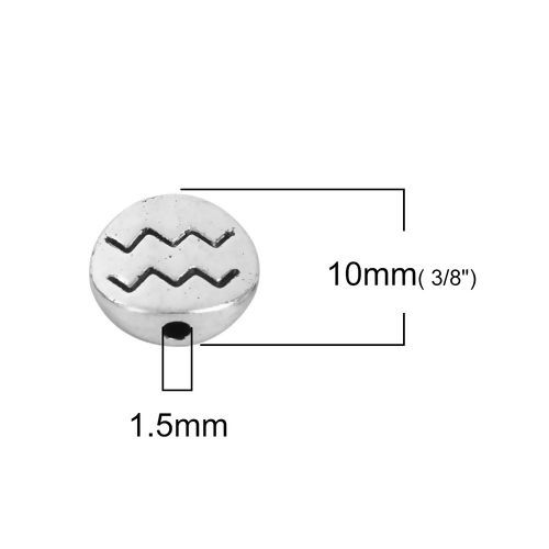 Immagine di Lega di Zinco Separatori Perline Tondo Argento Antico Costellazione Acquario Scolpisce Circa 10mm Dia, Foro:Circa 1.5mm, 50 Pz
