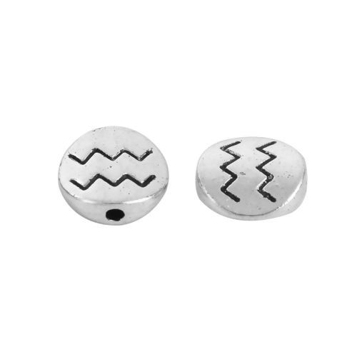 Immagine di Lega di Zinco Separatori Perline Tondo Argento Antico Costellazione Acquario Scolpisce Circa 10mm Dia, Foro:Circa 1.5mm, 50 Pz