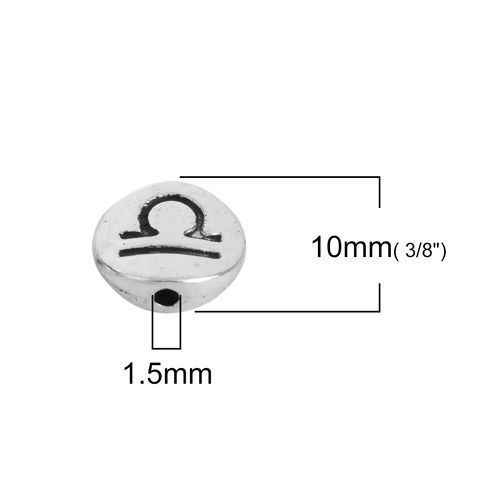 Immagine di Lega di Zinco Separatori Perline Tondo Argento Antico Costellazione Libra Scolpisce Circa 10mm Dia, Foro:Circa 1.5mm, 50 Pz