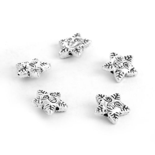 Bild von Zinklegierung Zwischenperlen Spacer Perlen Pentagramm Stern Antiksilber Blätter 12mm x 11mm, Loch:ca. 0.3mm, 50 Stück