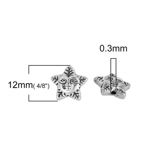 Bild von Zinklegierung Zwischenperlen Spacer Perlen Pentagramm Stern Antiksilber Blätter 12mm x 11mm, Loch:ca. 0.3mm, 50 Stück