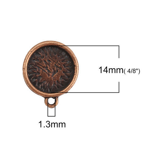 Picture of Zinc Based Alloy Ear Post Stud Earrings Findings Round Antique Copper Cabochon Settings (Fit 14mm Dia.) W/ Loop 20mm( 6/8") x 17mm( 5/8"), Post/ Wire Size: (21 gauge), 30 PCs