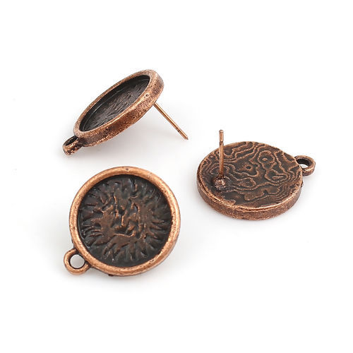 Picture of Zinc Based Alloy Ear Post Stud Earrings Findings Round Antique Copper Cabochon Settings (Fit 14mm Dia.) W/ Loop 20mm( 6/8") x 17mm( 5/8"), Post/ Wire Size: (21 gauge), 30 PCs
