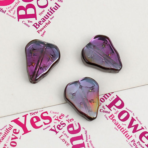 Picture of Glass AB Rainbow Color Aurora Borealis Beads Leaf Gunmetal & Fuchsia Two Tone About 13mm x 10mm, Hole: Approx 0.8mm, 20 PCs