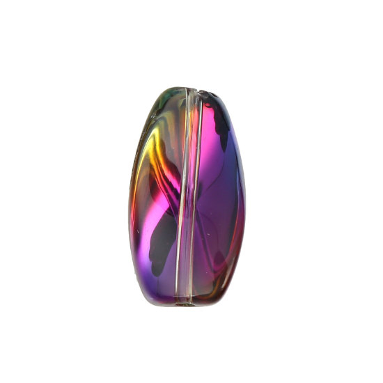 Picture of Glass AB Rainbow Color Aurora Borealis Beads Twist Golden & Fuchsia Two Tone Oval Pattern About 17mm x 9mm, Hole: Approx 1.1mm, 20 PCs