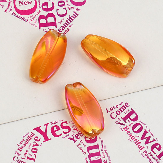Picture of Glass AB Rainbow Color Aurora Borealis Beads Twist Fushia & Orange Two Tone Oval Pattern Transparent About 17mm x 9mm, Hole: Approx 1.1mm, 20 PCs