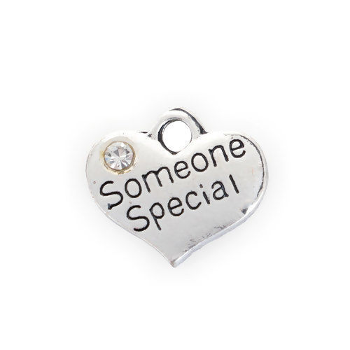 Picture of Zinc Based Alloy Charms Heart Antique Silver Color Message " someone special " Clear Rhinestone 16mm( 5/8") x 14mm( 4/8"), 10 PCs