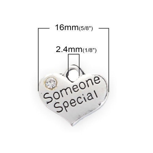 Picture of Zinc Based Alloy Charms Heart Antique Silver Color Message " someone special " Clear Rhinestone 16mm( 5/8") x 14mm( 4/8"), 10 PCs