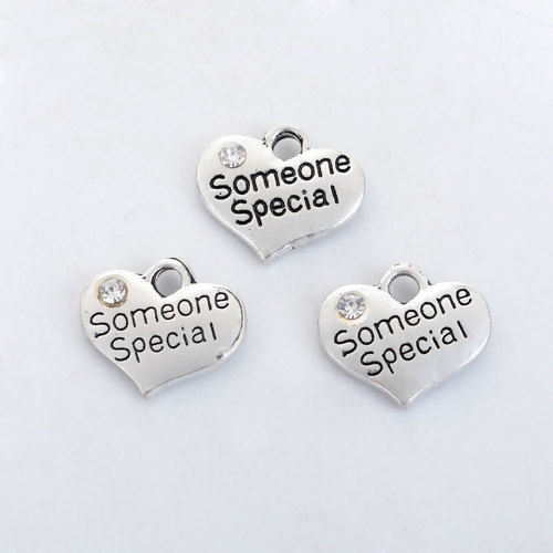 Picture of Zinc Based Alloy Charms Heart Antique Silver Color Message " someone special " Clear Rhinestone 16mm( 5/8") x 14mm( 4/8"), 10 PCs