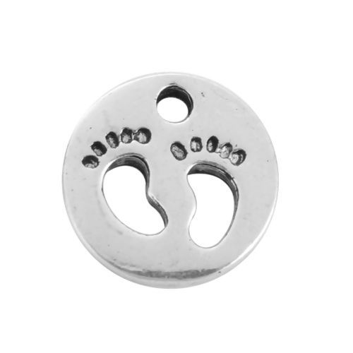 Picture of Zinc Based Alloy Charms Round Antique Silver Color Footprint Hollow 11mm( 3/8") Dia, 50 PCs