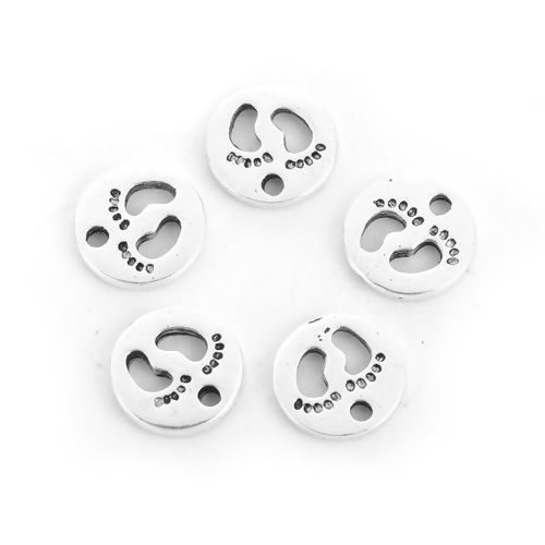 Picture of Zinc Based Alloy Charms Round Antique Silver Color Footprint Hollow 11mm( 3/8") Dia, 50 PCs