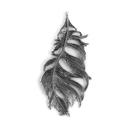 Bild von Zinklegierung Anhänger Feder Antiksilber 85mm x 41mm, 5 Stück