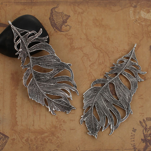 Bild von Zinklegierung Anhänger Feder Antiksilber 85mm x 41mm, 5 Stück