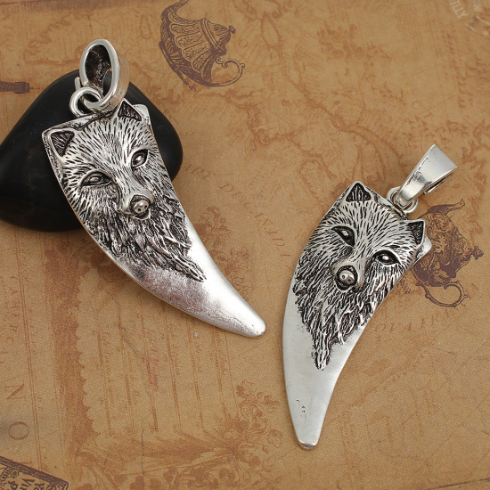 Picture of Zinc Based Alloy Pendants Wolf Antique Silver Color 74mm(2 7/8") x 23mm( 7/8"), 3 PCs