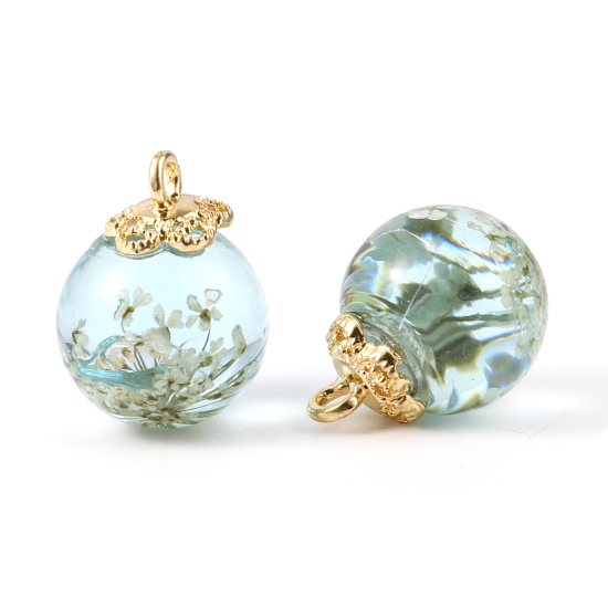 Picture of Transparent Glass Globe Bubble Bottle Charms Ball Dried Flower Light Blue 23mm x 18mm, 2 PCs