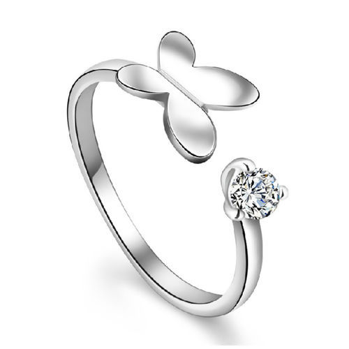 Bild von Messing Offen Verstellbar Ring Silberfarbe Schmetterling Transparent Strass 17.1mm（US Größe:6.75), 1 Stück                                                                                                                                                    