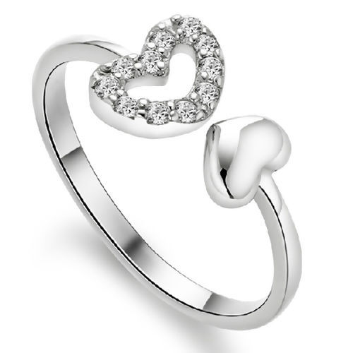 Bild von Messing Offen Verstellbar Ring Silberfarbe Herz Transparent Strass 17.3mm（US Größe:7), 1 Stück                                                                                                                                                                