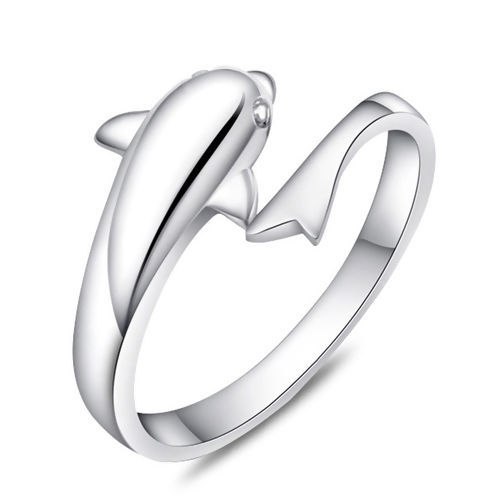 Bild von Messing Offen Verstellbar Ring Silberfarbe Delfine 16.5mm（US Größe:6), 1 Stück                                                                                                                                                                                