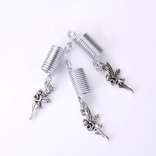 Picture of Zinc Based Alloy Hair Coil Dreadlocks Braiding Beads Fairy Antique Silver Color (Can Hold ss7 Pointed Back Rhinestone) 58mm x 12mm, 10 PCs