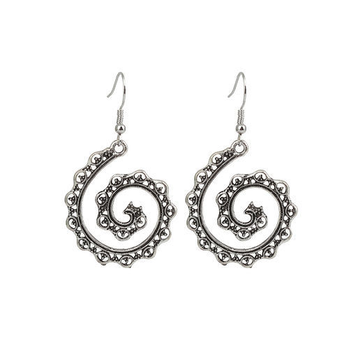Picture of Boho Chic Earrings Antique Silver Color Spiral 53mm(2 1/8") x 31mm(1 2/8"), Post/ Wire Size: (21 gauge), 1 Pair