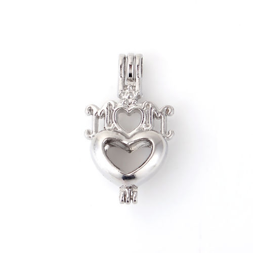Picture of Zinc Based Alloy 3D Wish Pearl Locket Jewelry Pendants Heart Message Silver Tone Can Open (Fit Bead Size: 8mm) 35mm(1 3/8") x 21mm( 7/8"), 2 PCs