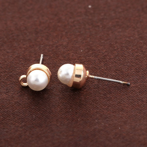 Picture of Zinc Based Alloy & Acrylic Ear Post Stud Earrings Findings Round Gold Plated White Imitation Pearl W/ Loop 9mm x 7mm, Post/ Wire Size: (21 gauge), 10 PCs