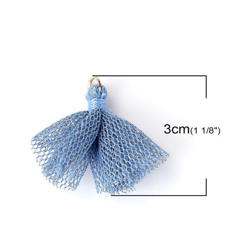 Image de Pendentifs en Polyester Franges Pompons Glands Doré Bleu Clair Env. 30mm x 27mm, 10 Pcs