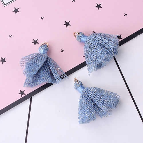 Image de Pendentifs en Polyester Franges Pompons Glands Doré Bleu Clair Env. 30mm x 27mm, 10 Pcs