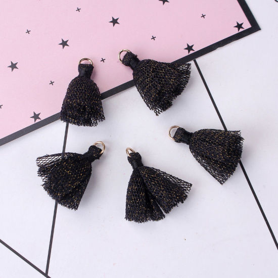 Image de Pendentifs en Polyester Franges Pompons Glands Doré Bleu Clair Env. 30mm x 27mm, 10 Pcs