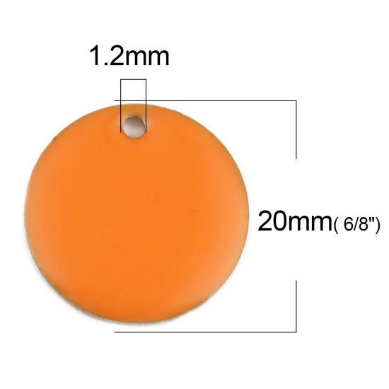 Image de Breloques Sequins Emaillés Double Face en Laiton Rond Sans Plaqué Orange Email 20mm Dia, 5 Pcs