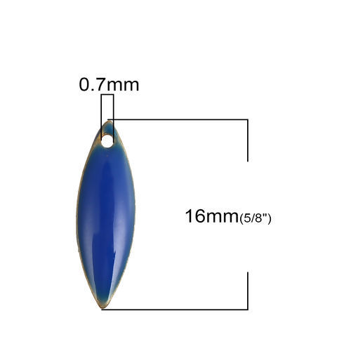 Picture of Brass Enamelled Sequins Charms Marquise Unplated Royal Blue Enamel 16mm( 5/8") x 5mm( 2/8"), 10 PCs