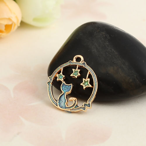 Picture of Zinc Based Alloy Charms Circle Ring Gold Plated Blue Cat Enamel Glitter 21mm( 7/8") x 19mm( 6/8"), 10 PCs
