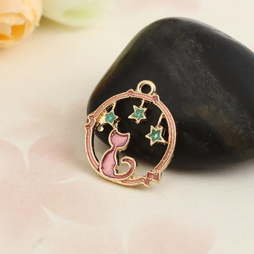 Immagine di Lega di Zinco Charms Luccichio Anello Oro Placcato Colore Viola Gatto Smalto 21mm x 19mm , 10 Pz