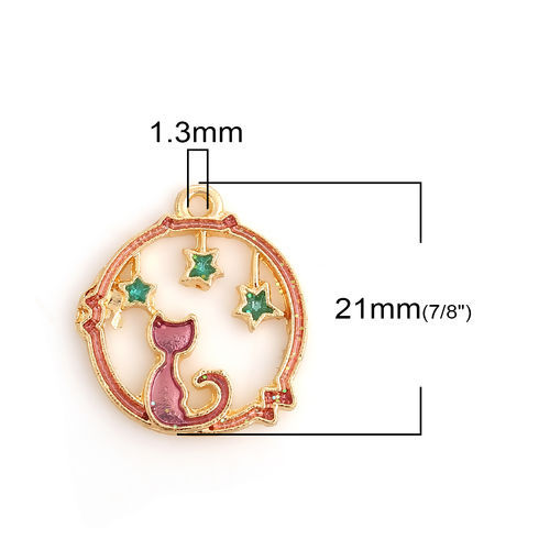 Immagine di Lega di Zinco Charms Luccichio Anello Oro Placcato Colore Viola Gatto Smalto 21mm x 19mm , 10 Pz