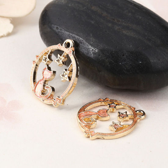 Immagine di Lega di Zinco Charms Luccichio Anello Oro Placcato Colore Viola Gatto Smalto 21mm x 19mm , 10 Pz