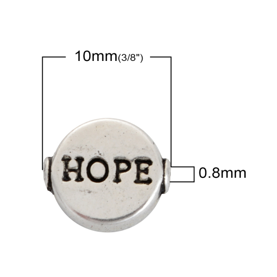 Immagine di Lega di Zinco Separatori Perline Tondo Piatto Argento Antico Lettere Scolpisce " Hope " Circa 10mm x 9mm, Foro:Circa 0.8mm, 50 Pz