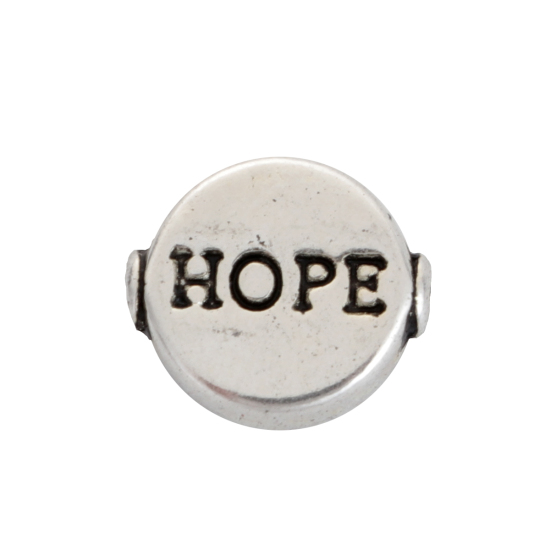 Immagine di Lega di Zinco Separatori Perline Tondo Piatto Argento Antico Lettere Scolpisce " Hope " Circa 10mm x 9mm, Foro:Circa 0.8mm, 50 Pz