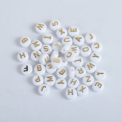 Picture of Acrylic Beads Round White & Gold At Random Mixed Initial Alphabet/ Letter Pattern About 10mm Dia, Hole: Approx 2.1mm, 200 PCs