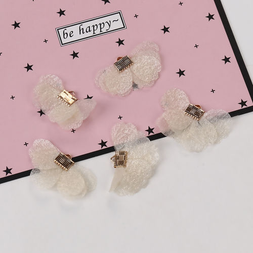 Picture of Organza Tassel Pendants Flower Gold Plated Creamy-White About 35mm(1 3/8") x 20mm( 6/8"), 20 PCs