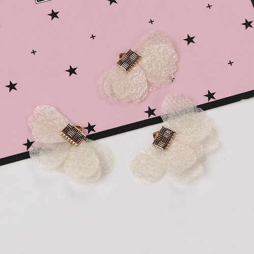 Picture of Organza Tassel Pendants Flower Gold Plated Creamy-White About 35mm(1 3/8") x 20mm( 6/8"), 20 PCs