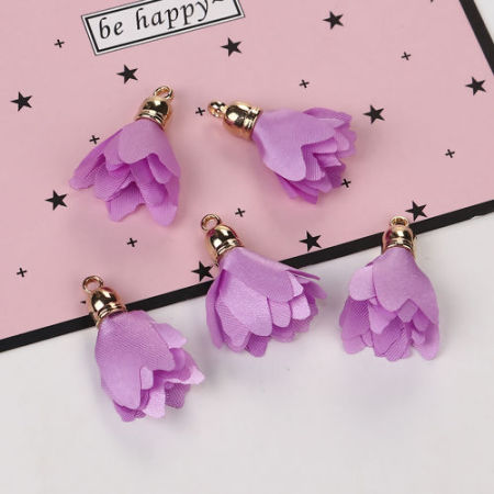 Image de Pendentifs en Tissu Franges Pompons Glands Fleurs Doré Violet Env. 33mm x 25mm, 20 Pcs