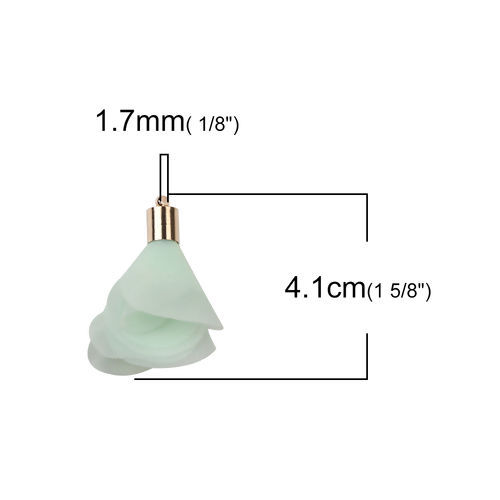 Picture of Organza Tassel Pendants Flower Gold Plated Green About 41mm(1 5/8") x 40mm(1 5/8"), 10 PCs