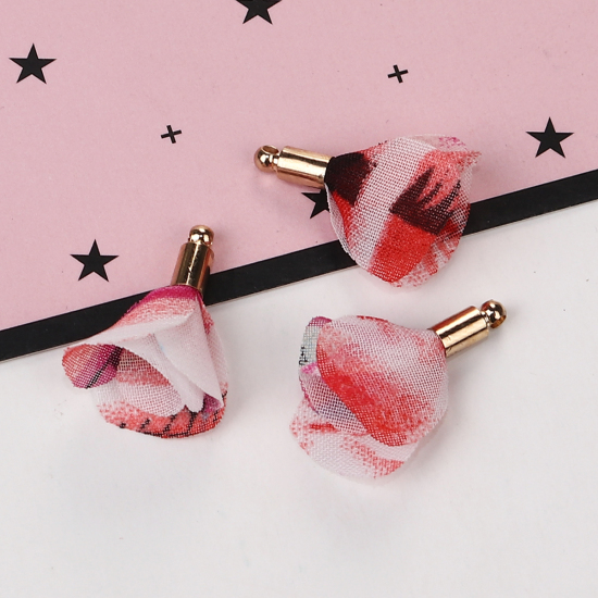Image de Breloques en Organza Franges Pompons Glands Fleurs Doré Fuchsia Env. 24mm x 20mm, 20 Pcs
