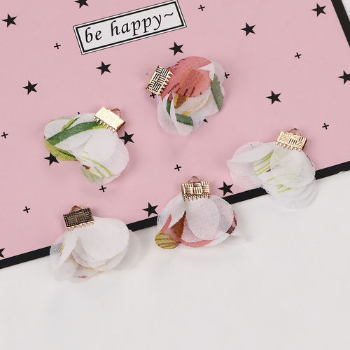 Picture of Gauze Tassel Pendants Flower Gold Plated White About 30mm(1 1/8") x 25mm(1"), 20 PCs