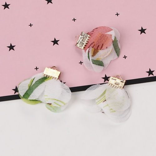 Picture of Gauze Tassel Pendants Flower Gold Plated White About 30mm(1 1/8") x 25mm(1"), 20 PCs
