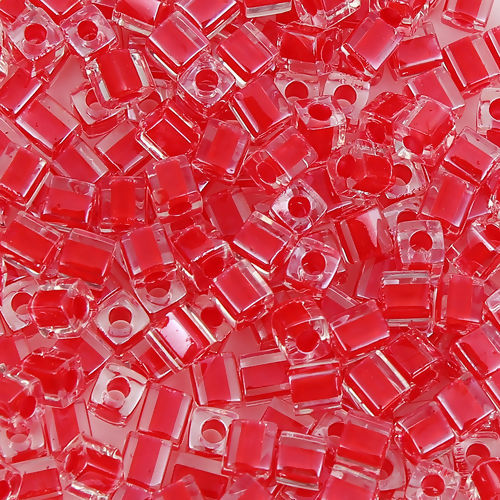 Picture of Glass (Japan Import) Square Seed Beads Red Transparent Clear Inside Color About 4mm x 4mm - 3.5mm x 3.5mm, Hole: Approx 1.3mm, 10 Grams (Approx 10 PCs/Gram)
