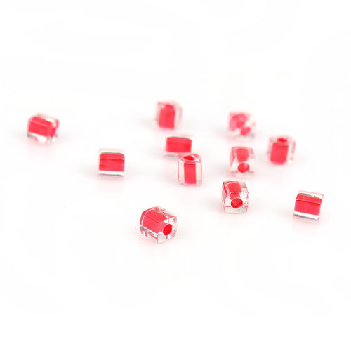Picture of Glass (Japan Import) Square Seed Beads Red Transparent Clear Inside Color About 4mm x 4mm - 3.5mm x 3.5mm, Hole: Approx 1.3mm, 10 Grams (Approx 10 PCs/Gram)